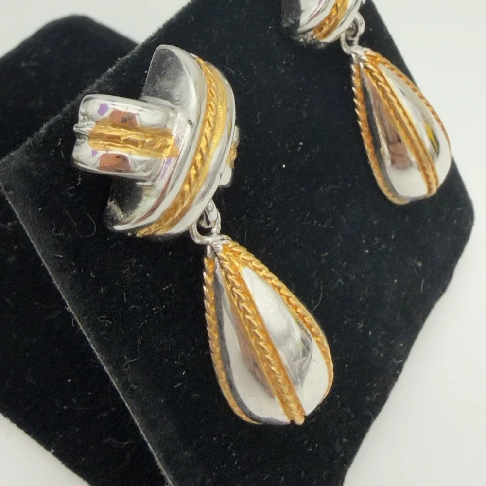 Vtg X Drop Silver Gold Tone Rope Teardrop Dangle Earrings Designer PD Nice